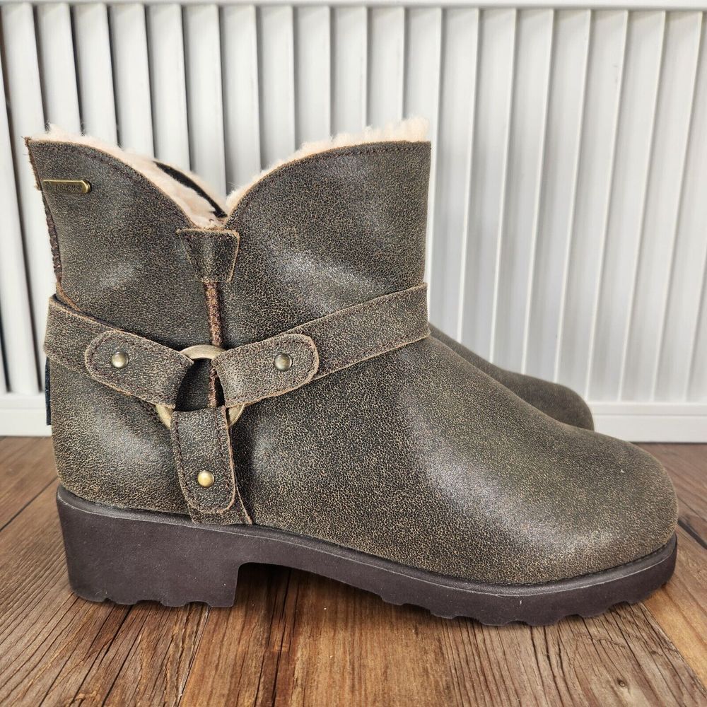 Bearpaw 2289W-Anna Short Women 9 Brown Moto Style Sheepskin Footbed Booties Boot